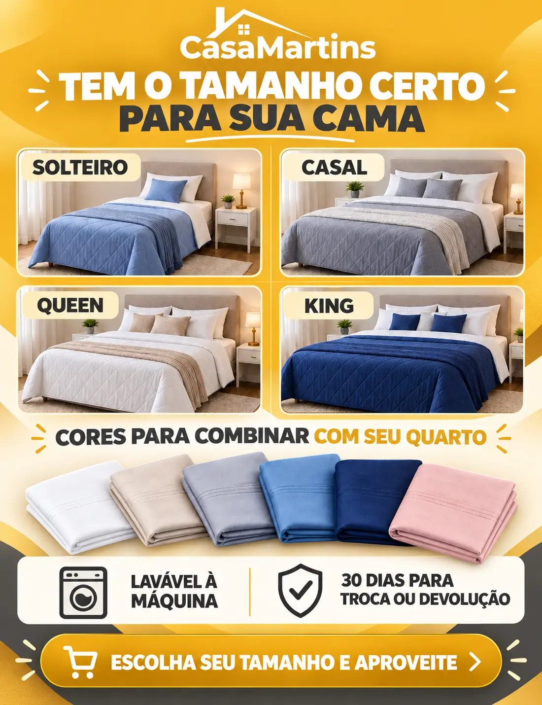 Tamanhos e cores disponíveis para o jogo de cama