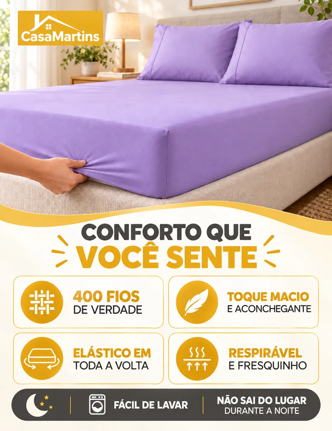 Conforto 400 fios, toque macio e elástico em toda a volta