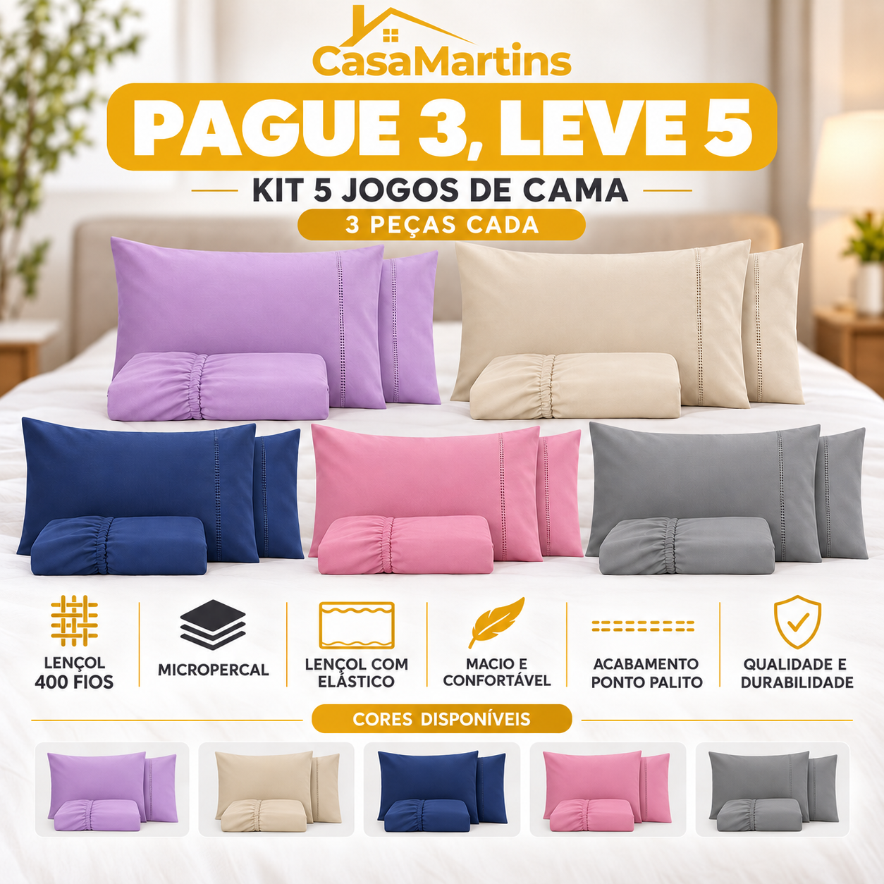 PAGUE 3 LEVE 5 — Kit 5 Jogos de Cama 3 Peças, Lençol 400 Fios com Elástico