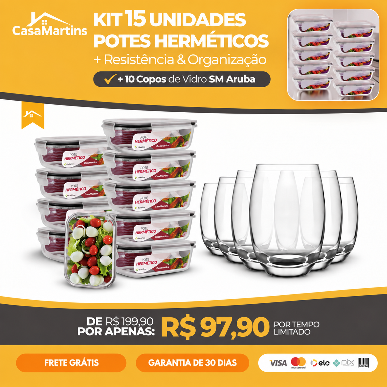 Kit com 15 Potes Herméticos de Vidro +10 Copos Aruba de Brinde