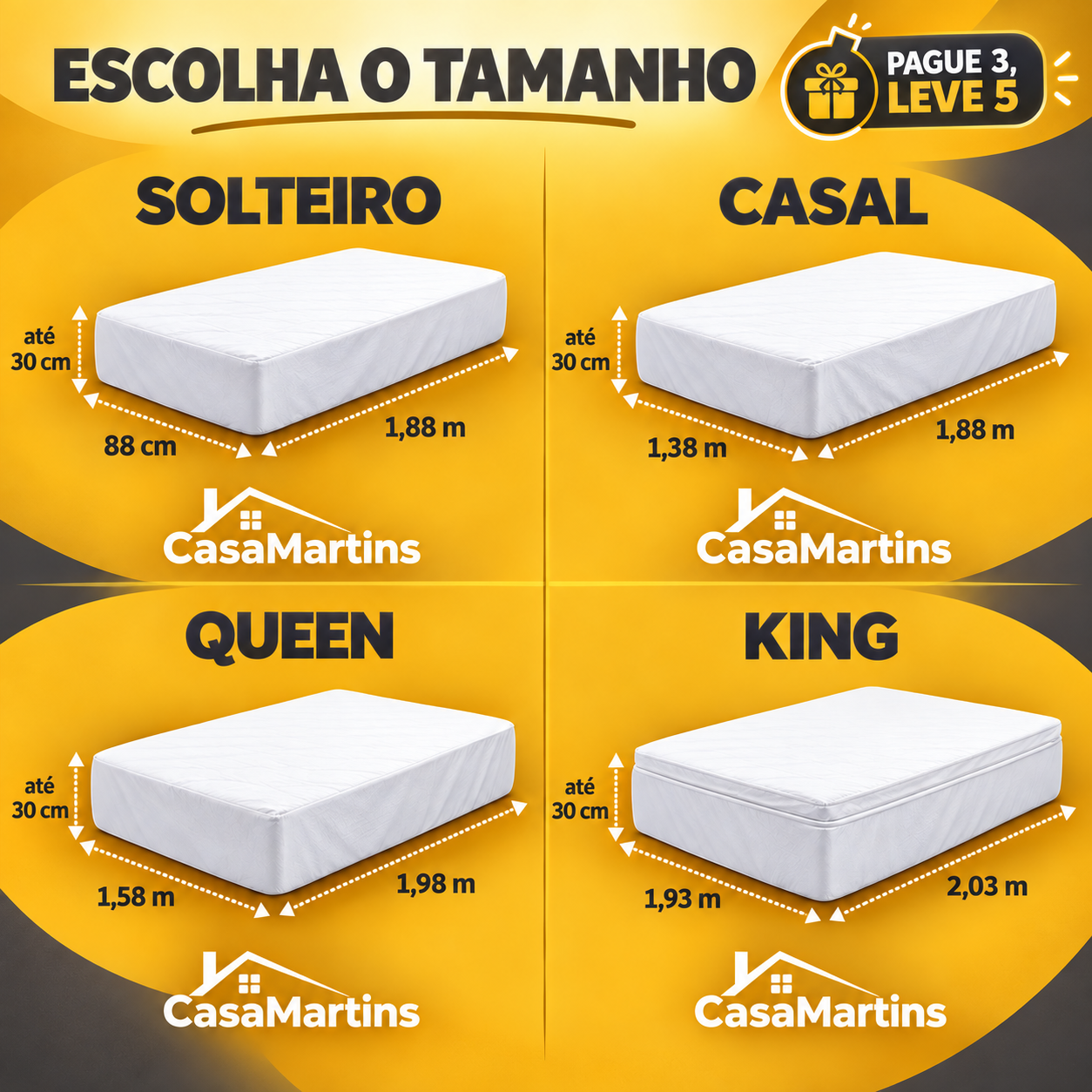 Medidas dos tamanhos Solteiro, Casal, Queen e King