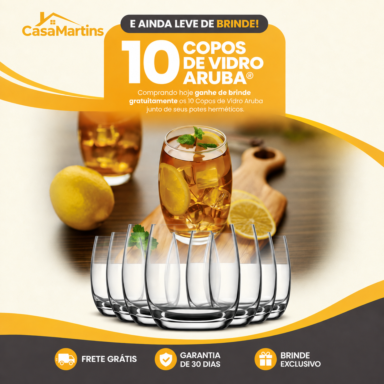 Dez copos de vidro Aruba oferecidos como brinde