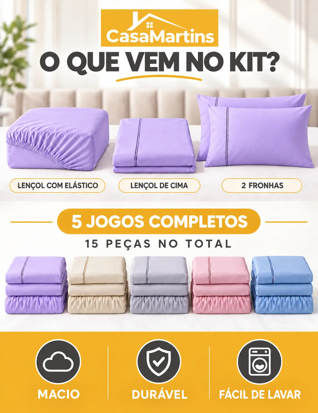 Conteúdo do kit com 5 jogos completos e 15 peças